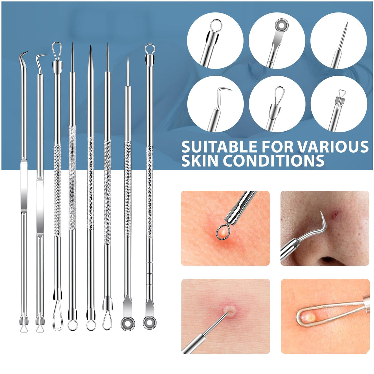 SBAILL Kit de eliminación de acnéextractor de espinillaskit de herramientas para quitar manchaspuntos blancos11 piezas para quitar la picadura para la nariz y la cara con una caja de regaloPlateado