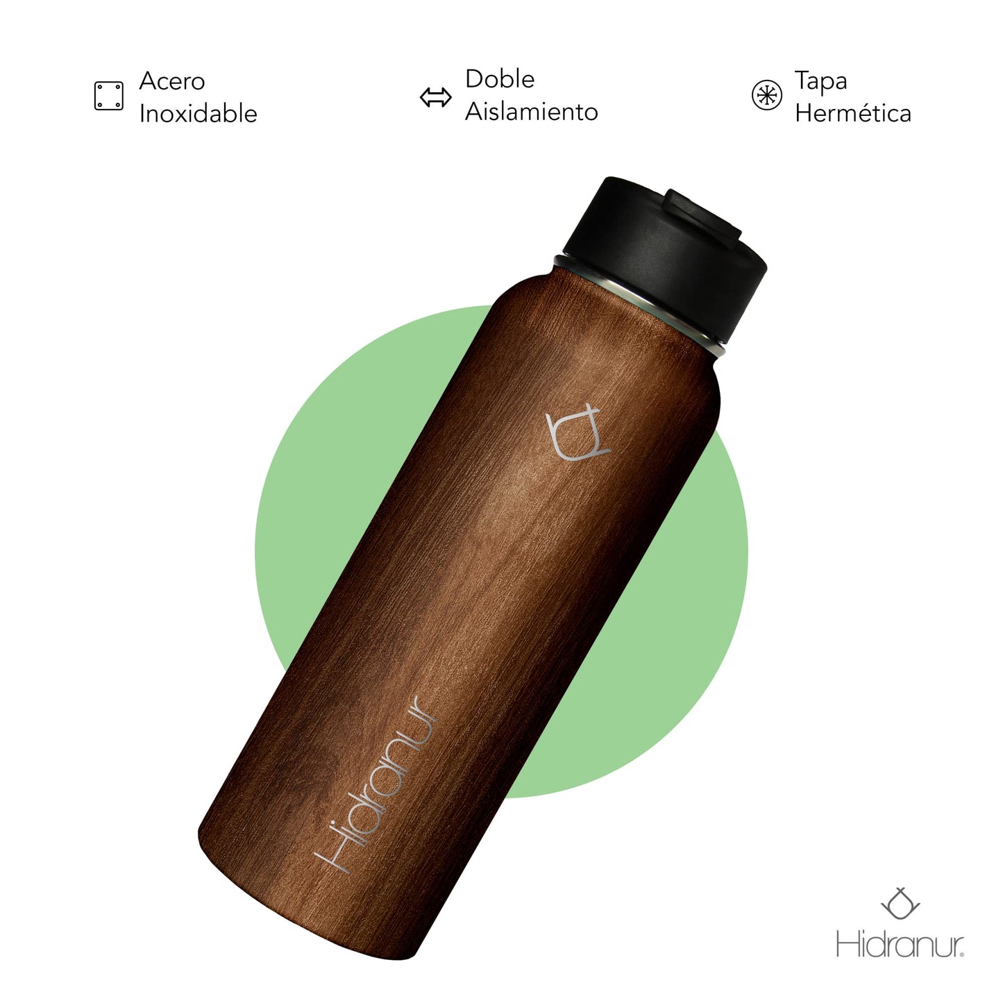 Hidranur Termo de Acero Inoxidable Doble Aislamiento Térmico, Termo Para Café 32 oz (946.35 ml), 3 Tapas Herméticas, 2 Popotes, 24 Hrs de Agua Caliente y Fría (Madera, 32 Oz (946.35 ml))