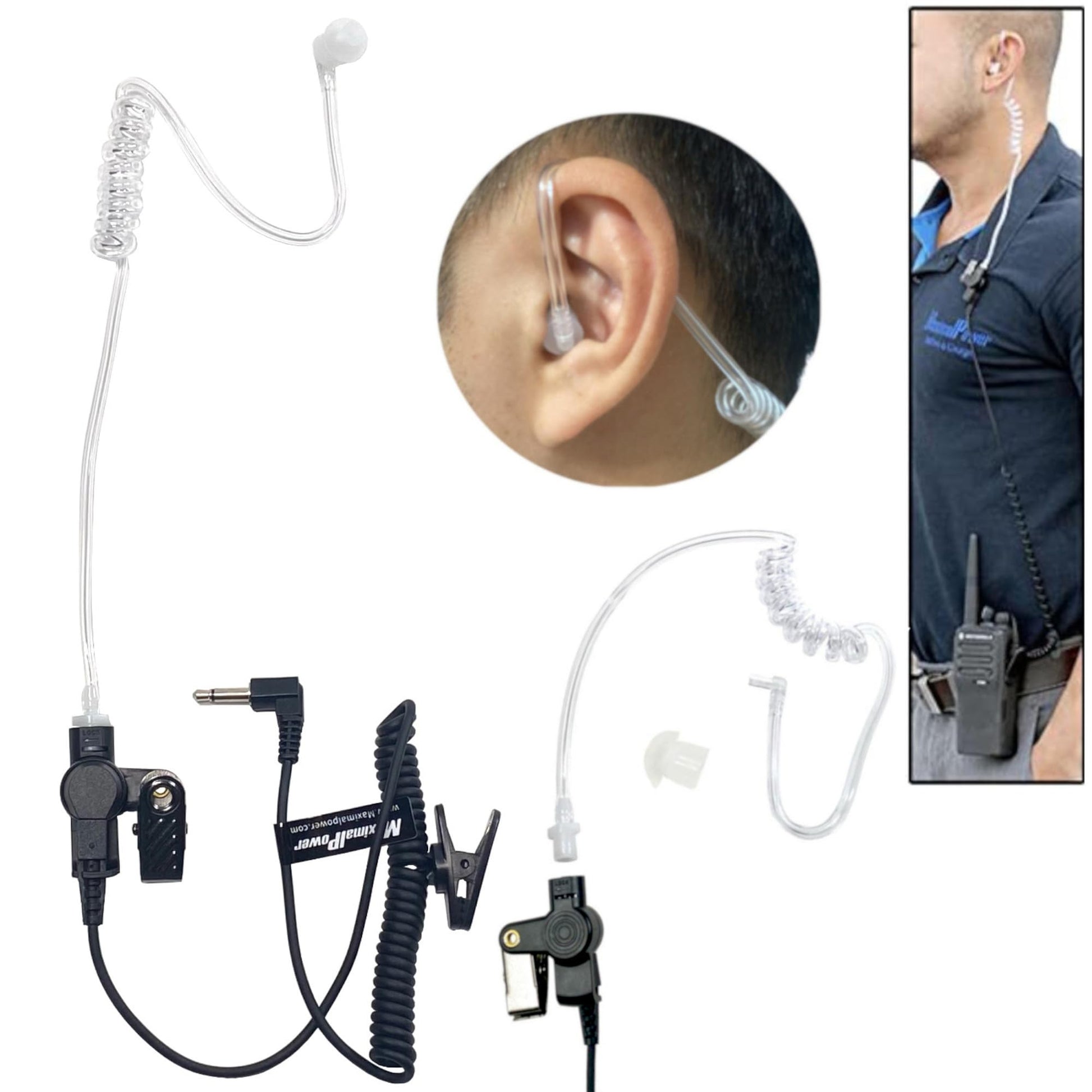 Auriculares de Vigilancia MaximalPower Transparentes con Tubo de Bobina Acústica 3,5 mm para Radios Bidireccionales (Paquete de 3)