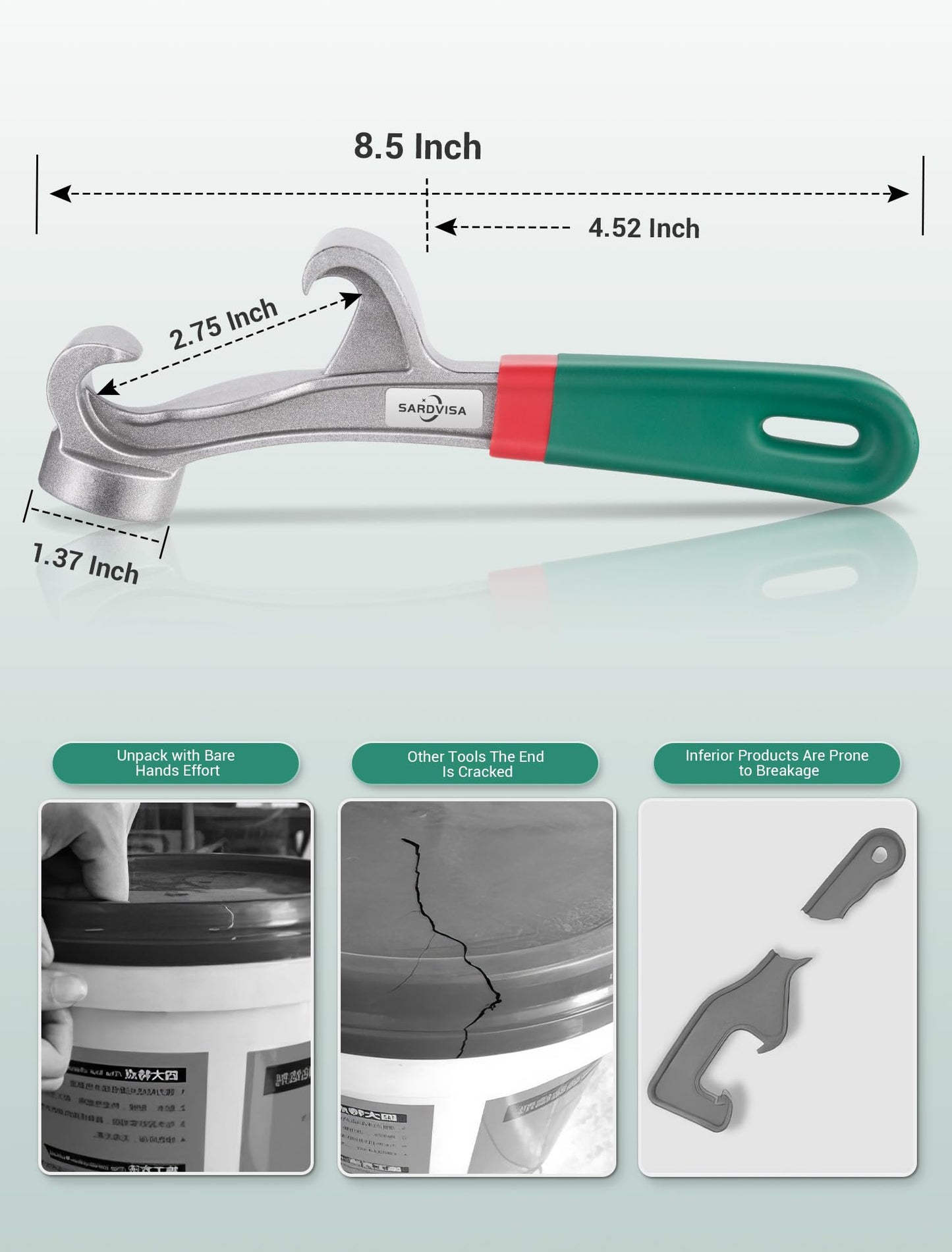 Herramienta de abridor de cubos mejorada de 5 galones, llave de aluminio de 8.5 pulgadas con mango de goma antideslizante, tapa de abrelatas de metal, herramienta de eliminación de cubos para el hogar