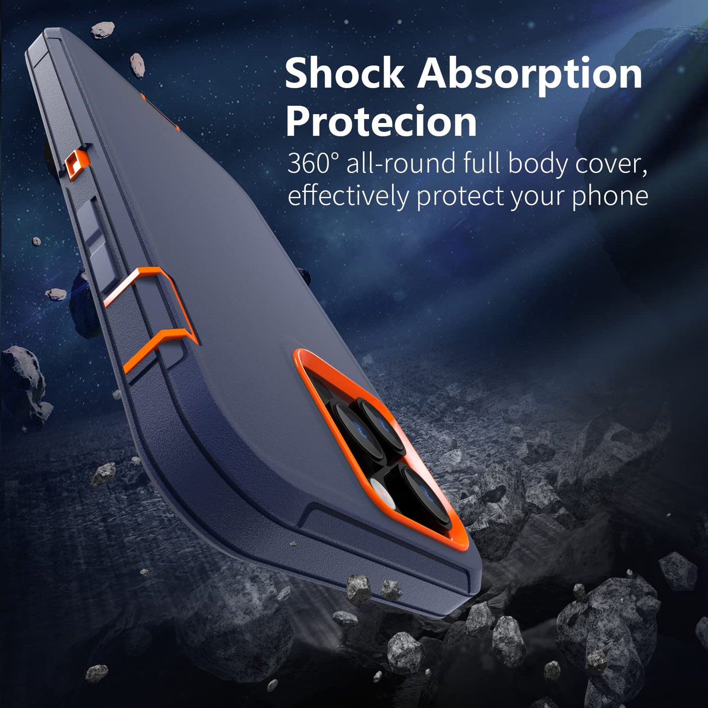 Sansunto - Funda compatible con iPhone 13 Pro Max, iPhone 12 Pro Max de 3 capas de cuerpo completo, armadura híbrida, resistente, duradera, resistente para hombres y mujeres. (Azul marino/naranja)