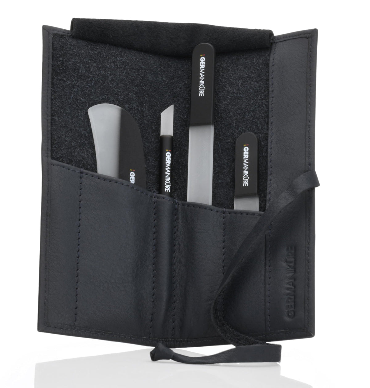 GERmanikure Set de Limas de Uñas de Cristal Negro en Estuche de Piel Negra – Hecho A Mano en La República Checa – Artículos Profesionales para Manicura Y Pedicura – Incluye Palito de Cutículas, Empuja