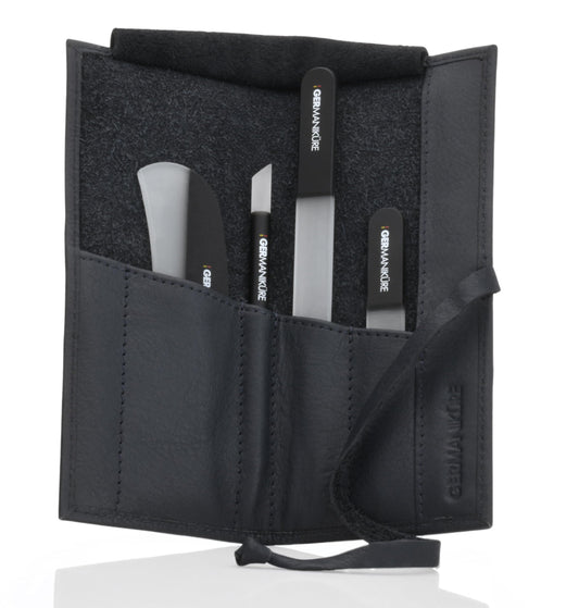 GERmanikure Set de Limas de Uñas de Cristal Negro en Estuche de Piel Negra – Hecho A Mano en La República Checa – Artículos Profesionales para Manicura Y Pedicura – Incluye Palito de Cutículas, Empuja