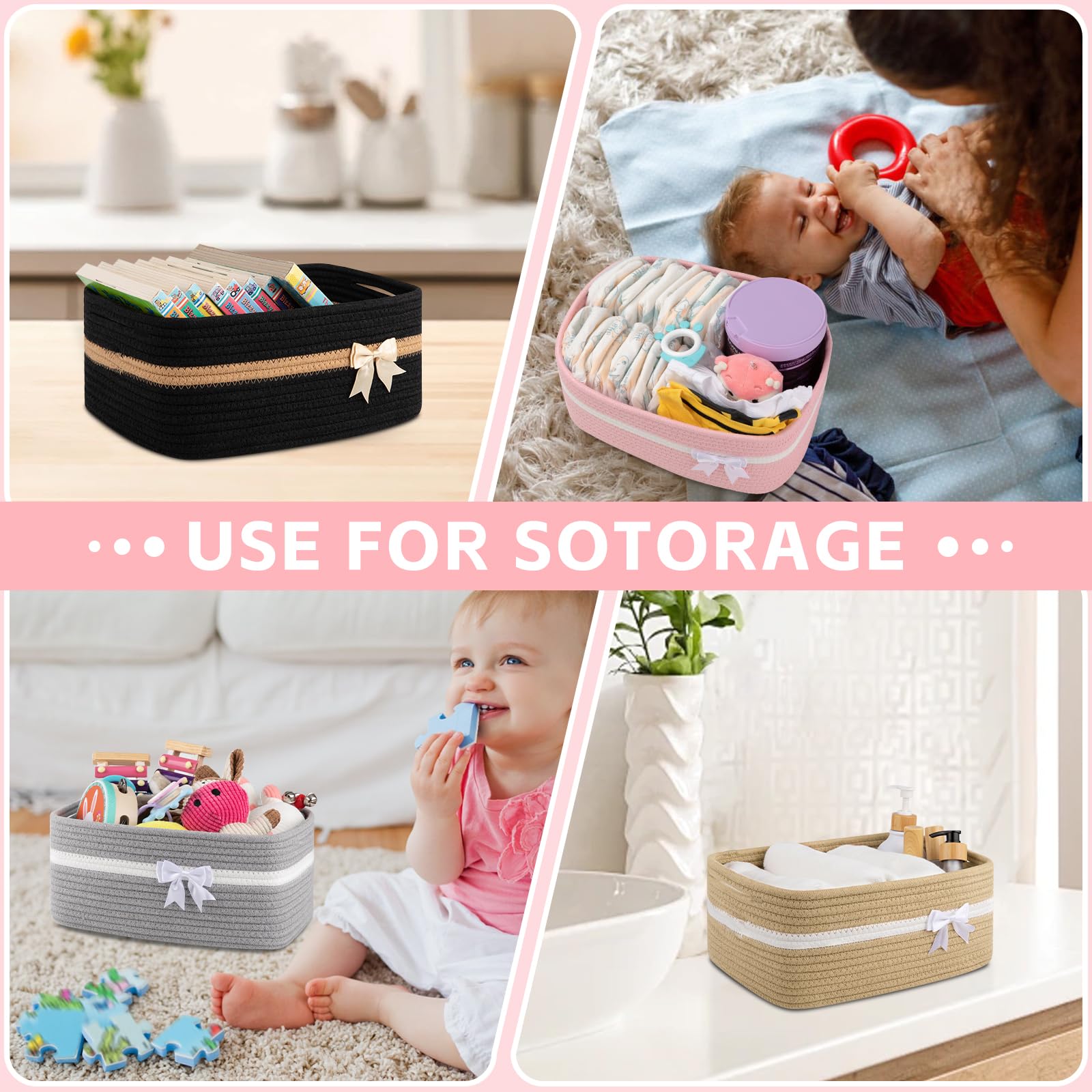 OIAHOMY - Cesta de almacenamiento tejida grande con asas para guardería, estantes de sala de estar, cesta de lazo para regalos vacía con bolsas de regalo y cintas para baby shower, contenedor de