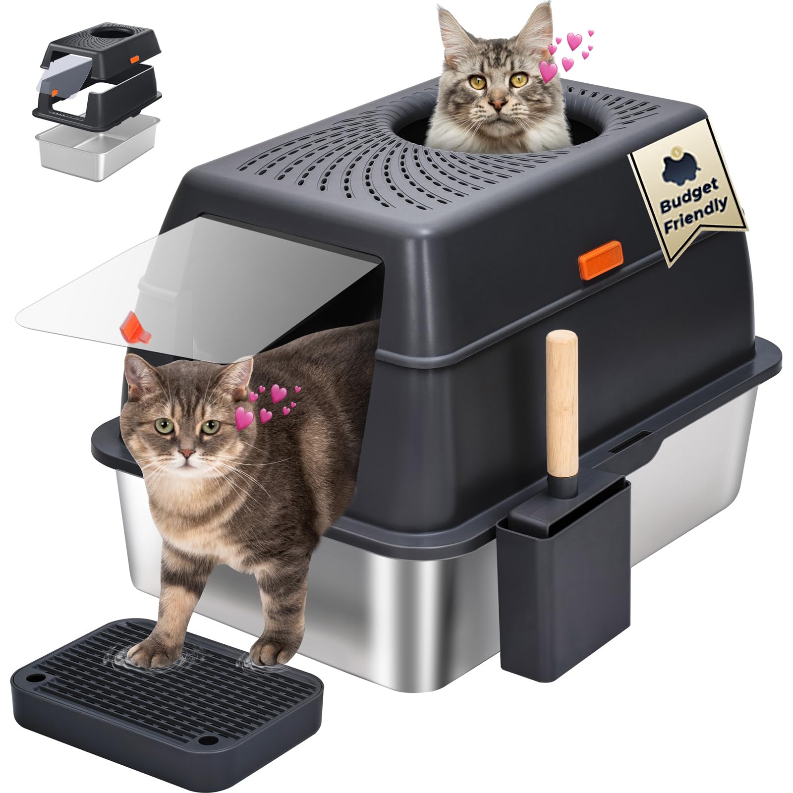 BEST JAJA Arenero de Acero Inoxidable con Tapa, de Metal Sus304, para Gatos, Cerrado, Extragrande, de Pared Alta, Jumbo con Triple Pedal, Antiadherente, Antifugas (XL, Negro)