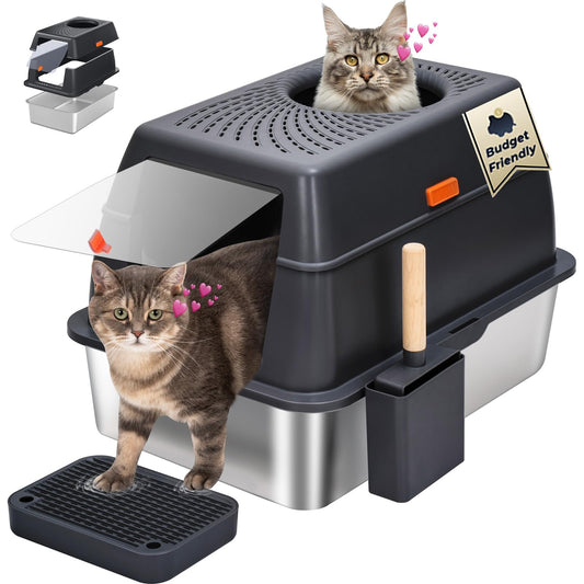 BEST JAJA Arenero de Acero Inoxidable con Tapa, de Metal Sus304, para Gatos, Cerrado, Extragrande, de Pared Alta, Jumbo con Triple Pedal, Antiadherente, Antifugas (XL, Negro)