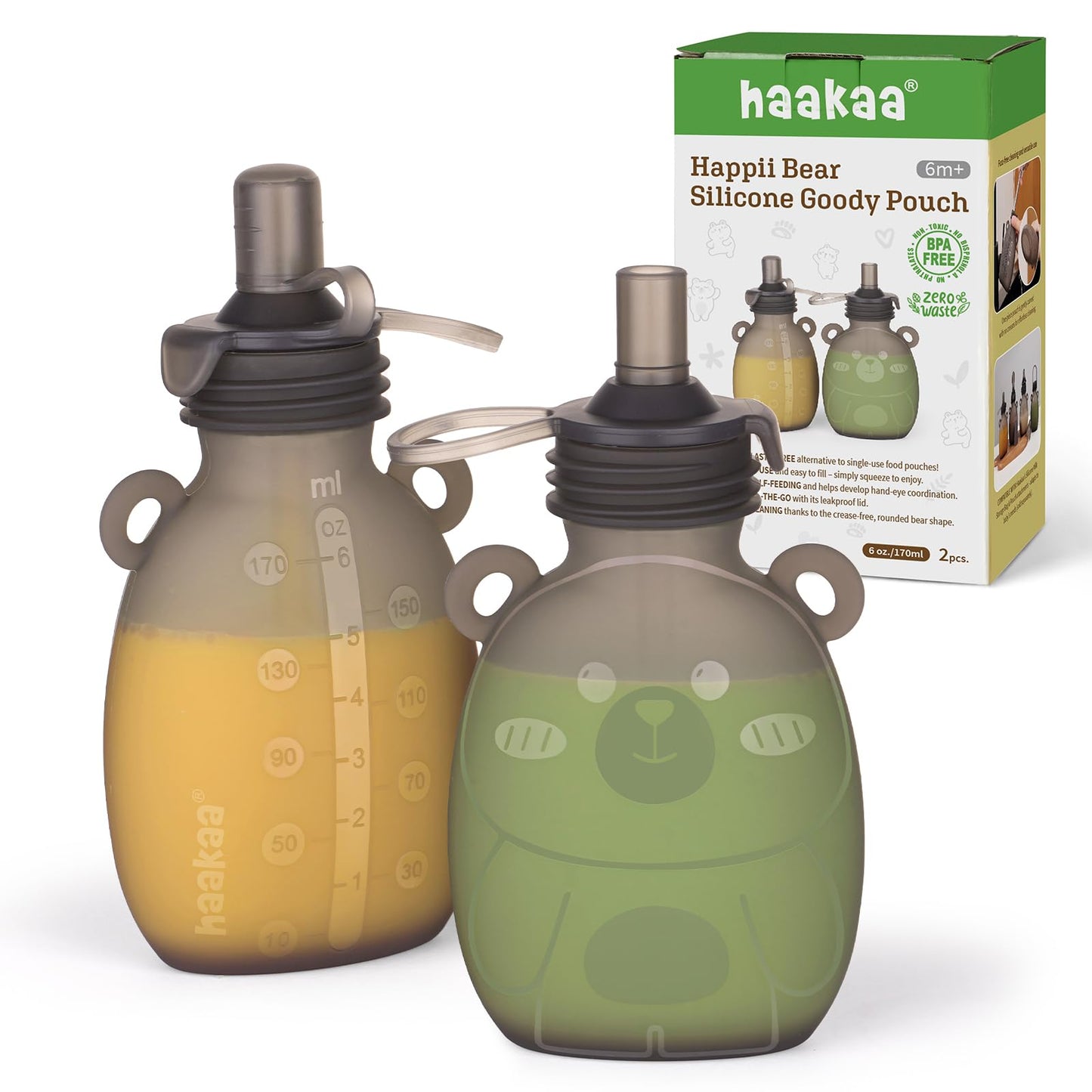 haakaa Happii Bear - Bolsa de silicona reutilizable para alimentos para bebés para purés orgánicos, jugos, batidos y yogur, perfecto para niños y niños - Paquete de 2, 6 onzas