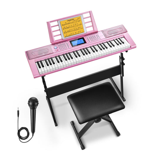 Donner - Teclado Piano de 61 teclas, kit de teclado eléctrico con 249 voces, 249 ritmos, incluye soporte para piano, taburete, micrófono, regalo para principiantes, rosa (DEK-610S)