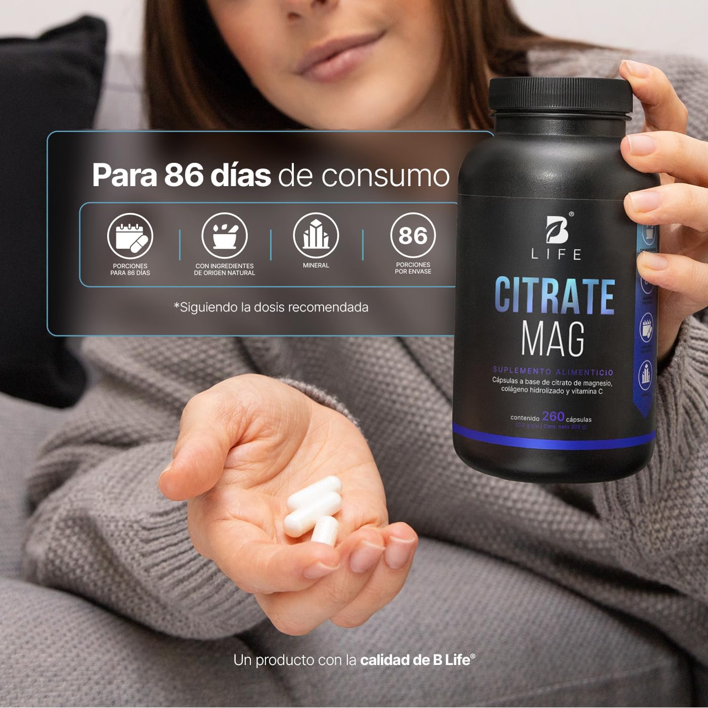 B Life | Citrato de Magnesio Puro | 260 cápsulas | 2400 mg por porción | Alta absorción | Adicionado con Vitamina C y Colágeno | Citrate Mag.