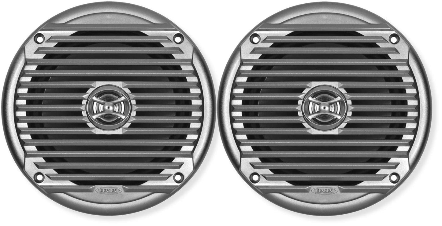 Jensen MS6007SR 6.5" Coaxial Waterproof Silver Speaker, 60 watts max Power handling, Sensitivity @ 1W/1 Meter 88 dB, Frequency Response 65Hz-20kHz, Nominal Impedance 4 Ohms, 7-1/8" Grille Diameter