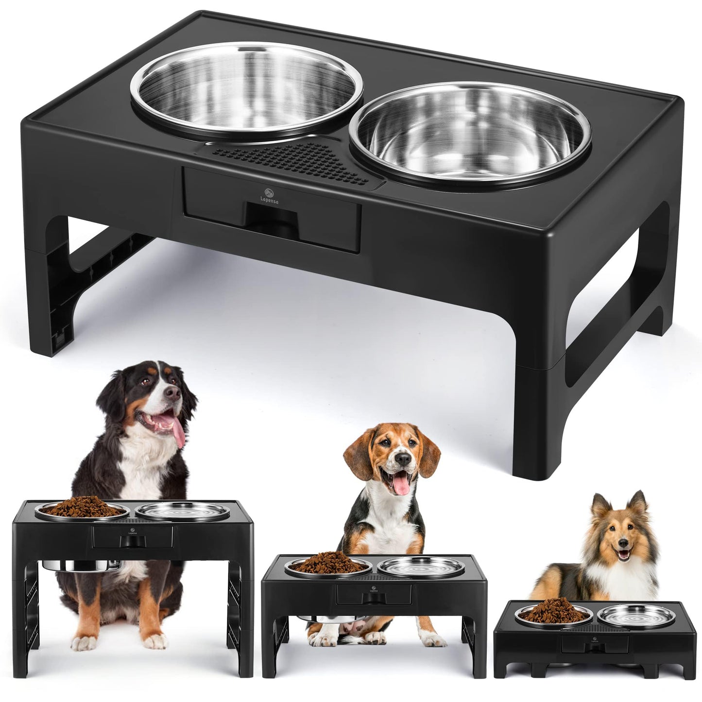 Lapensa Cuencos Elevados Para Perros, Cuenco Profundo Para Perros Elevado De Acero Inoxidable Con Soporte Ajustable, Cuenco Doble Para Comida Y Agua Para Perros Medianos Y Grandes, 3 Alturas 3.9", 7.8