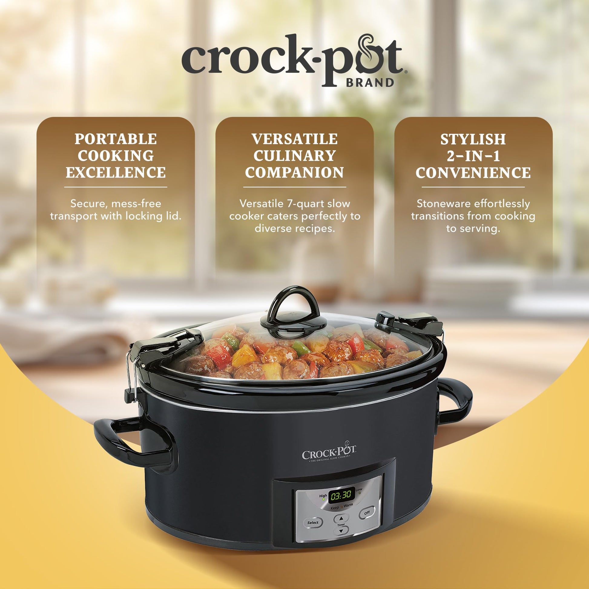 Crock-Pot Cook n' Carry - Olla de cocción lenta programable con cuenta regresiva a prueba de horno con gres extraíble, tapa de junta de fácil bloqueo y asas de transporte
