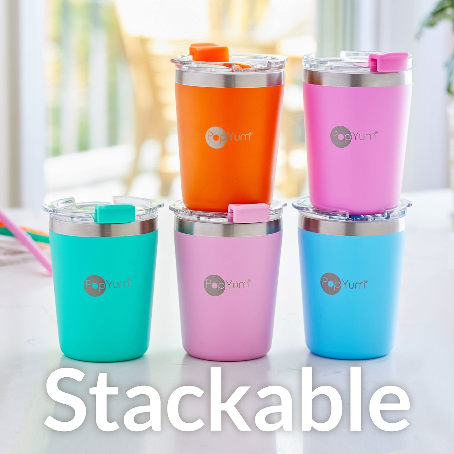 PopYum - Copas aisladas de acero inoxidable para niños de 9 onzas con tapa y pajita, paquete de 2, verde, rosa, apilable, bebe, niño, niño, vaso de doble pared, aspiradora, a prueba de fugas