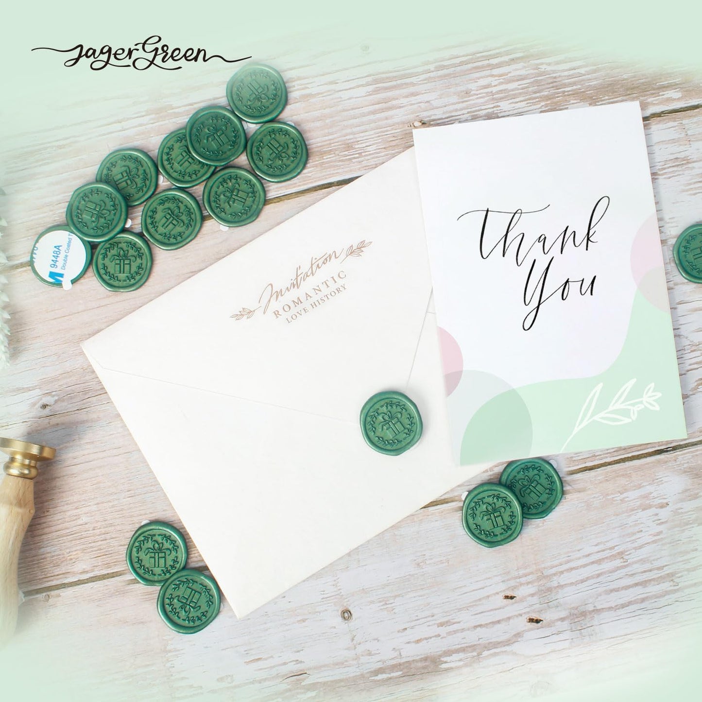 JAGERGREEN - Juego de pegatinas de cera con varios patrones de sellos, calcomanía verde para invitaciones de boda, personalizable, sellador de sobres, regalo de Navidad (regalo, 60 piezas)