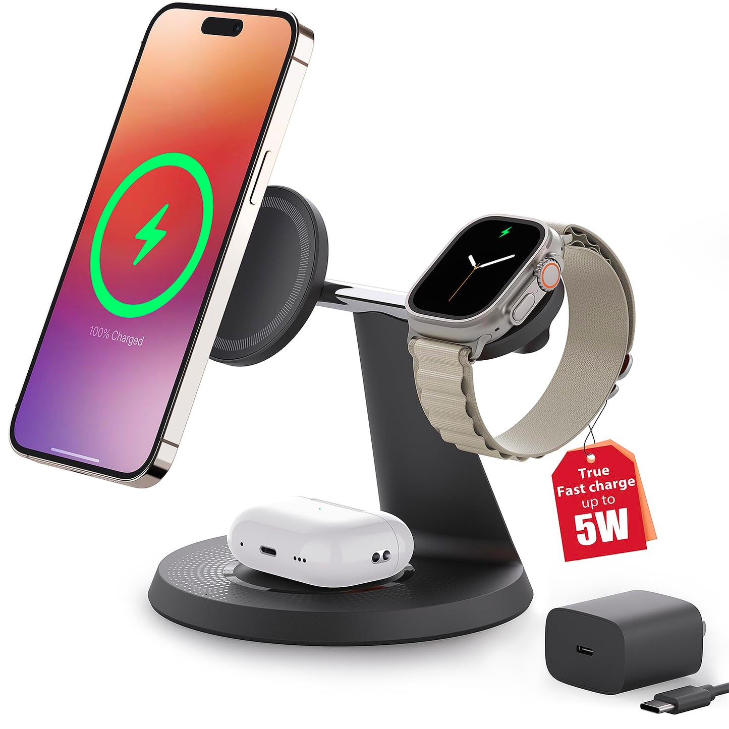 Estación de Carga Inalámbrica 3 en 1 con MagSafe para iPhone 12-16 iWatch y AirPods