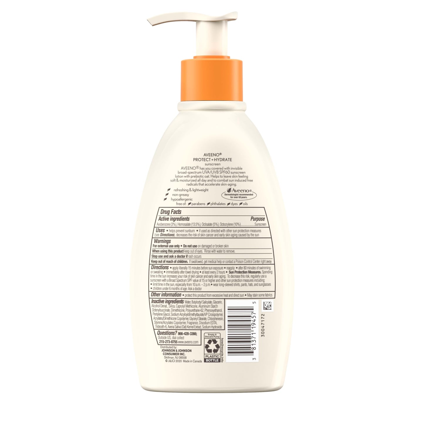 Aveeno Protect + Hydrate Moisturizing Body Sunscreen Lotion with Broad Spectrum SPF 60 & Prebiotic Oat, Weightless, Paraben-Free, Oil-Free & Oxybenzone-Free, Pump Bottle, 12.0 fl. oz