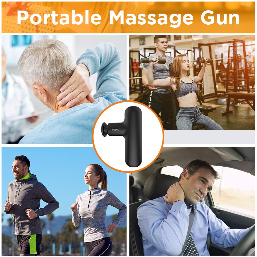 NEPQ - Pistola de masaje, potente pistola facial portátil de percusión de tejido profundo para aliviar el dolor con 4 cabezales de masaje, vibración de alta intensidad recargable (negro)