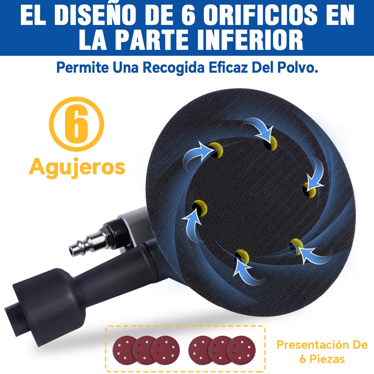 Lijadora Orbital Neumática 6'' Pulgadas, Lijadora Orbital Industrial Aleatoria Palma de Aire 12000 RPM con 6 Papeles de Lija Para Pulidor de Madera de Metal y Trabajo de Carrocería de Auto