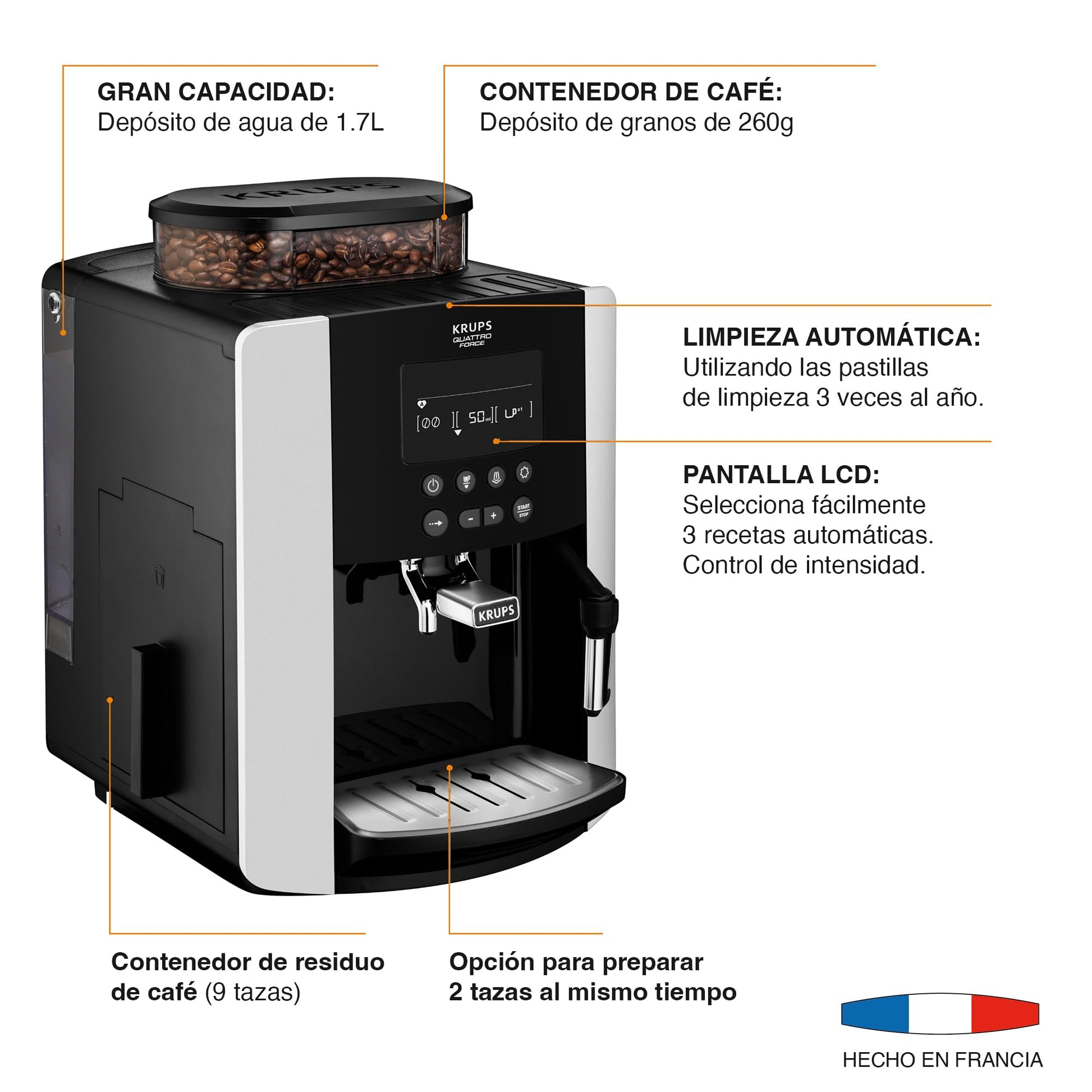 KRUPS Espresseria Súper Automática Quattro Force Arábica, lleva la esencia del espresso directamente a tu taza, con diseño compacto y molino integrado, capacidad 1.7L, EA8178MX