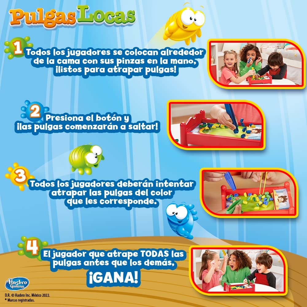 Hasbro Gaming Pulgas Locas - Juego de Mesa con 1 Tablero, 36 Piezas de Colores y 3 Pinzas para 2 o 3 Jugadores a Partir de 4 años