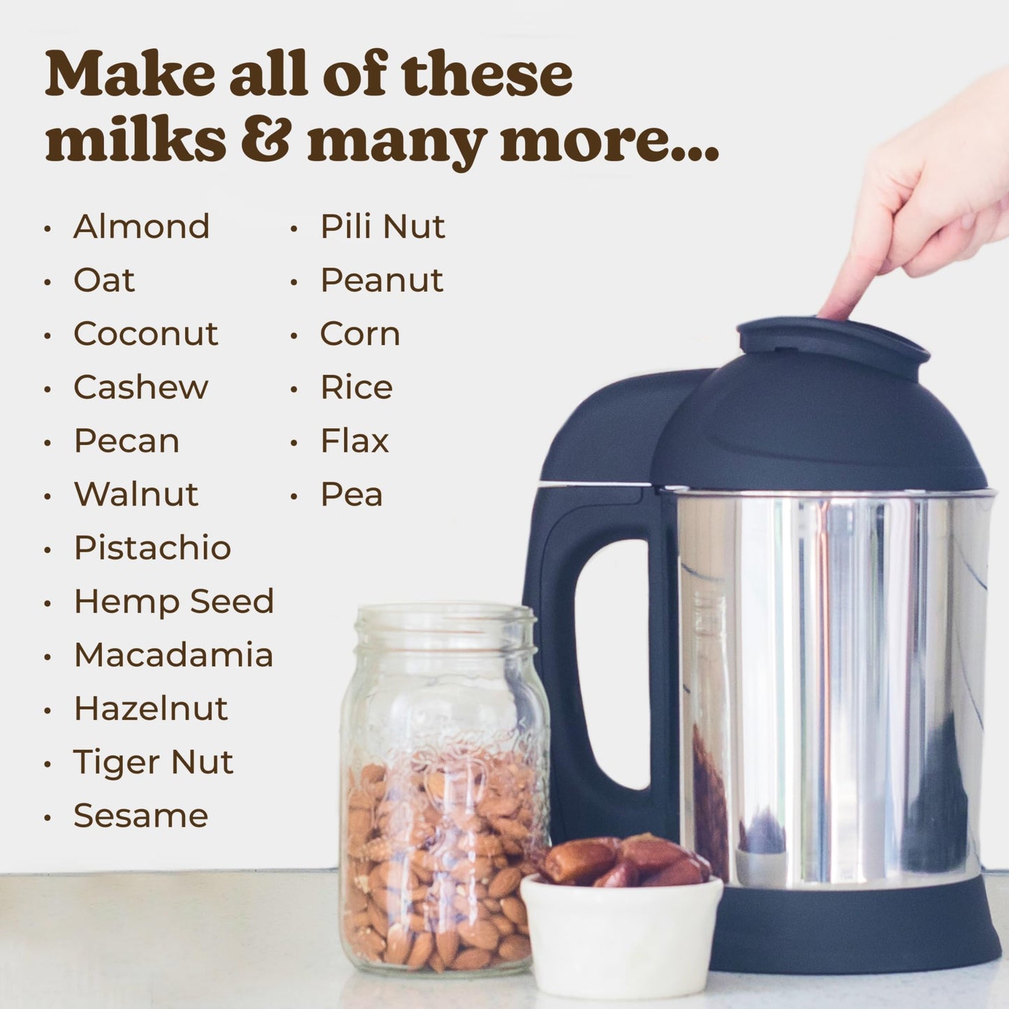 Máquina para hacer leche de nueces de vaca de almendras, máquina de leche a base de plantas para almendras, avena, anacardo, leche de soja, acero inoxidable, no necesita colar, hace 5-6 tazas, 120 V