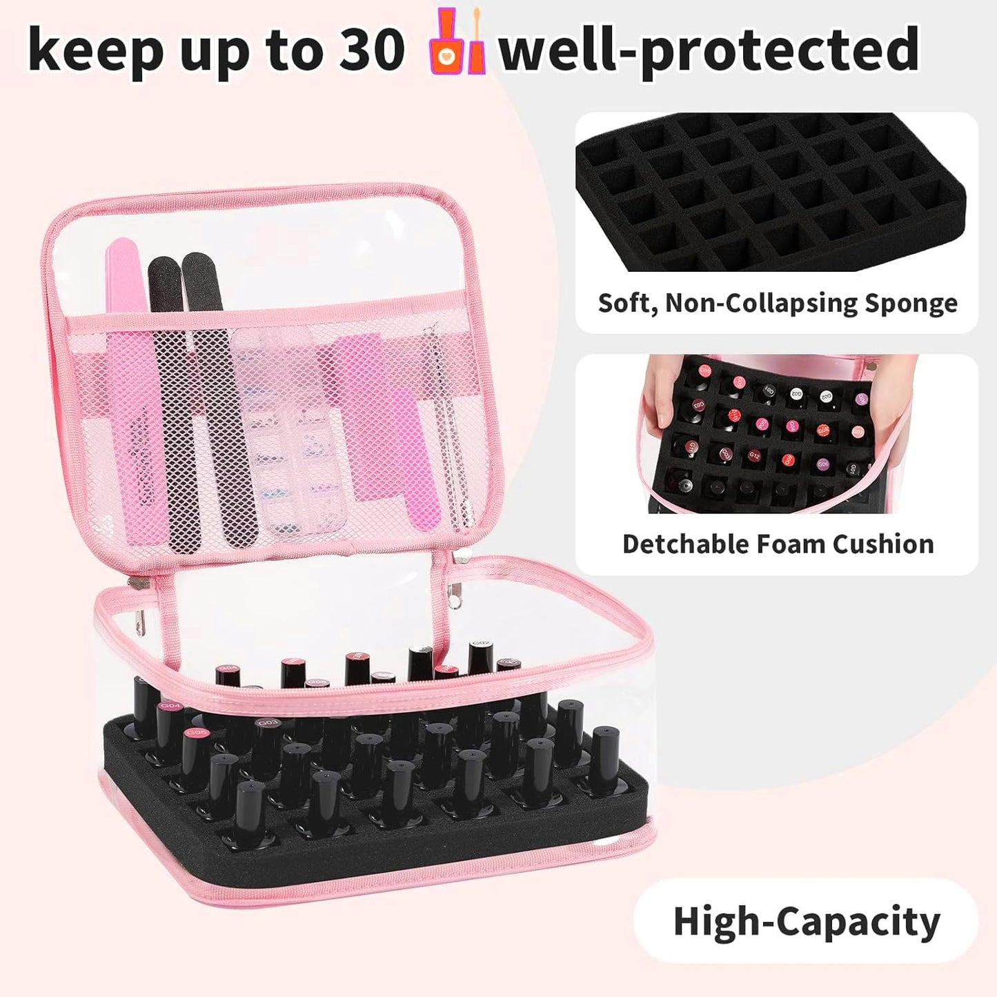 Beloving - Organizador de esmalte de uñas transparente con capacidad para 30 botellas, estuche de esmalte de uñas de PVC, suministros de uñas transparentes con herramientas de manicura, secciones de