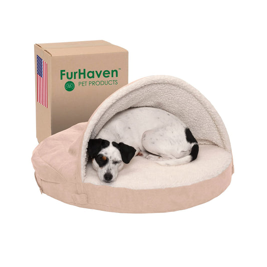 Furhaven Cama para Mascotas para Perros y Gatos, Manta de Sherpa y Gamuza, Cama ortopédica Redonda para Perros, Funda extraíble Lavable a máquina, Color Crema, 26 Pulgadas
