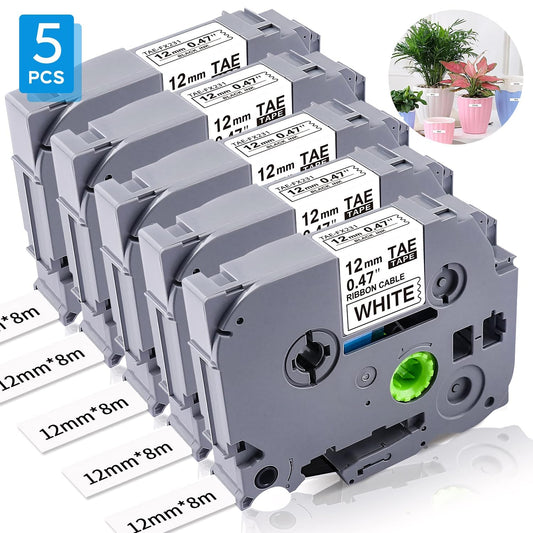 Cinta de Etiquetas paquete de 5，Cinta de Etiquetas Compatible con Brother P Touch，para etiquetadora Brother TZe-231 TZ-231，PT-D210、PT-D200、PT-H110、PT-D600、PT-1010、PT-1800，(12mmx8m),Negro sobre Blanco