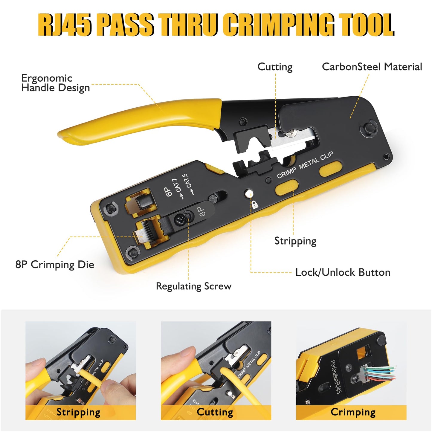 Kit de Herramientas de Crimpado Wakhow Negro con Probador y Accesorios para Ethernet Cat5 Cat6 Cat7
