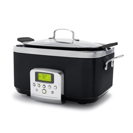 GreenPan Elite 8 en 1 - Olla de cocción lenta eléctrica programable de 6 cuartos de galón, tapa apta para lavaplatos y rejilla extraíble, sin PFAS de cerámica saludable, antiadherente, Sear, saltar