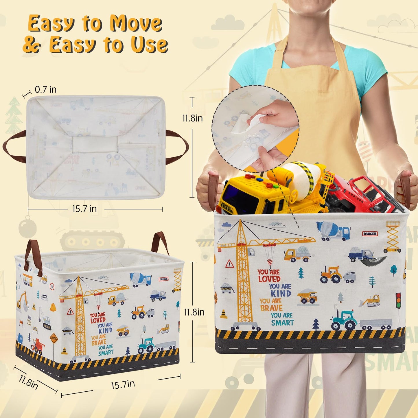 Cesta para decoración de vivero de construcción, cesta de almacenamiento de regalo para niños, camiones de transporte, excavadoras, cesta de juguetes para bebé, cesta de bebé, grande, rectangular,