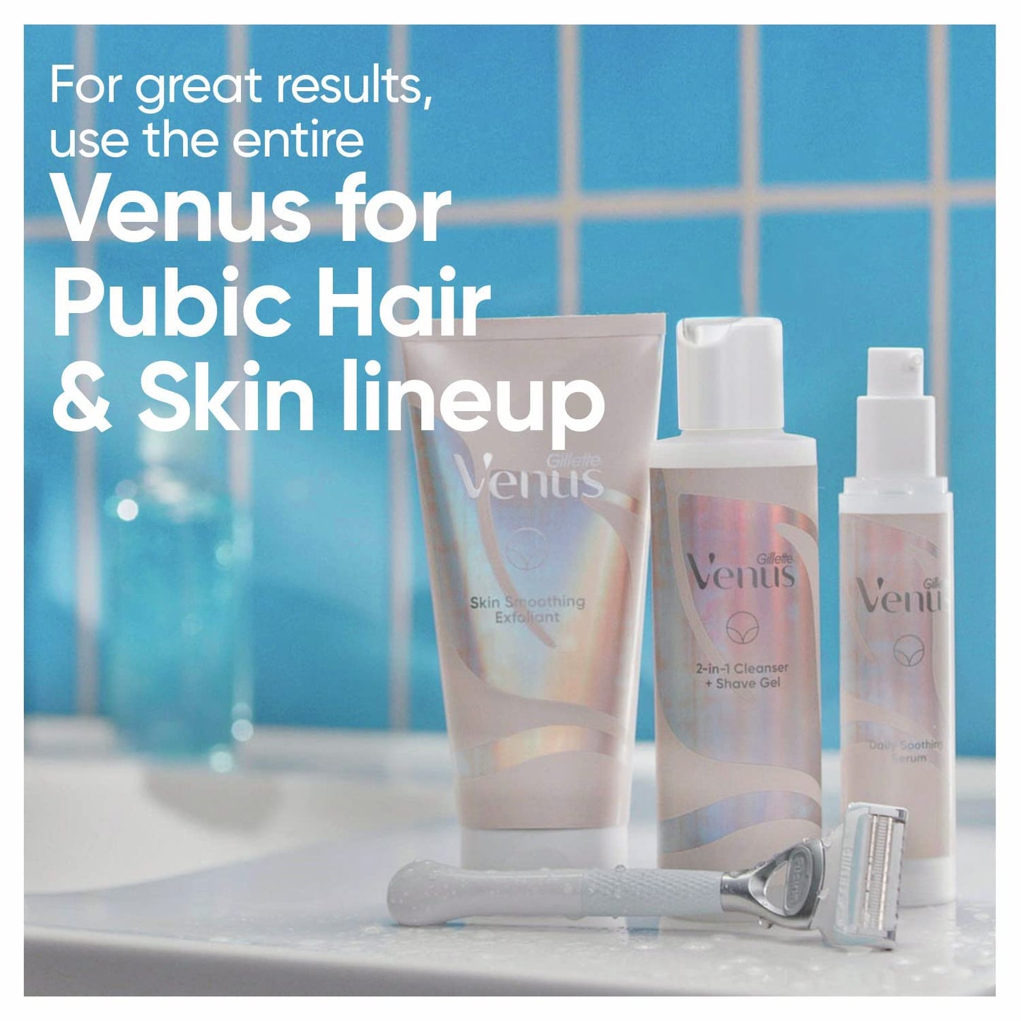Gillette Venus Kit de aseo íntimo, maquinilla de afeitar para mujer, 2 recambios de cuchillas, limpiador 2 en 1, gel de afeitado de bikini y suero calmante diario