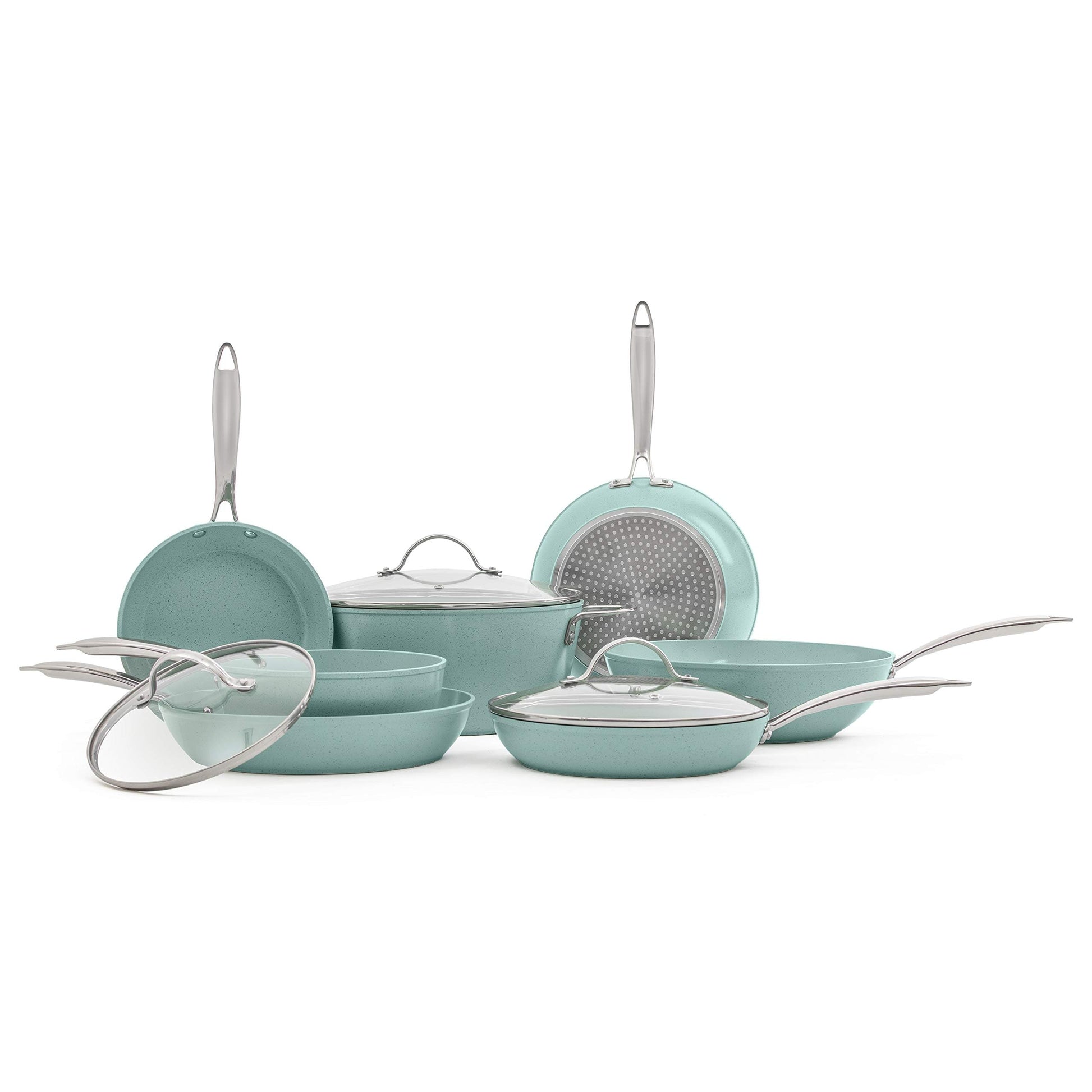 JADECOOK Bateria de Cocina 10 Piezas JADE CHEF Tapas y Mangos de Acero Inoxidable 6 Capas de Antiadherente Compatible con Estufas de Gas Induccion y Electricas Ollas Cacerolas Sartenes Cocina