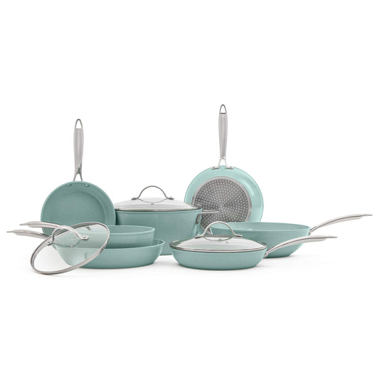 JADECOOK Bateria de Cocina 10 Piezas JADE CHEF Tapas y Mangos de Acero Inoxidable 6 Capas de Antiadherente Compatible con Estufas de Gas Induccion y Electricas Ollas Cacerolas Sartenes Cocina