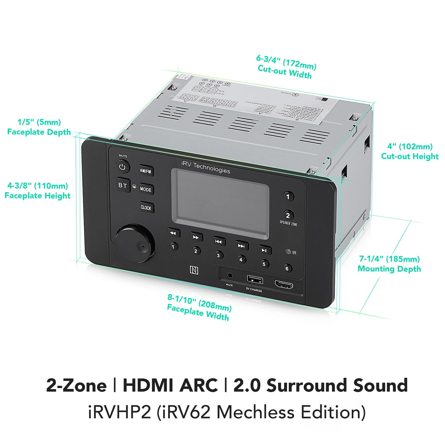 IRV Technology Mechless Wallmount RV estéreo 2 Zonas con Bluetooth HDMI ARC, Control de aplicación, Am/FM/App, NFC, Carga USB, Sonido Envolvente Digital, Reloj, Soporte CEC (2 Zonas + 4 Altavoces)