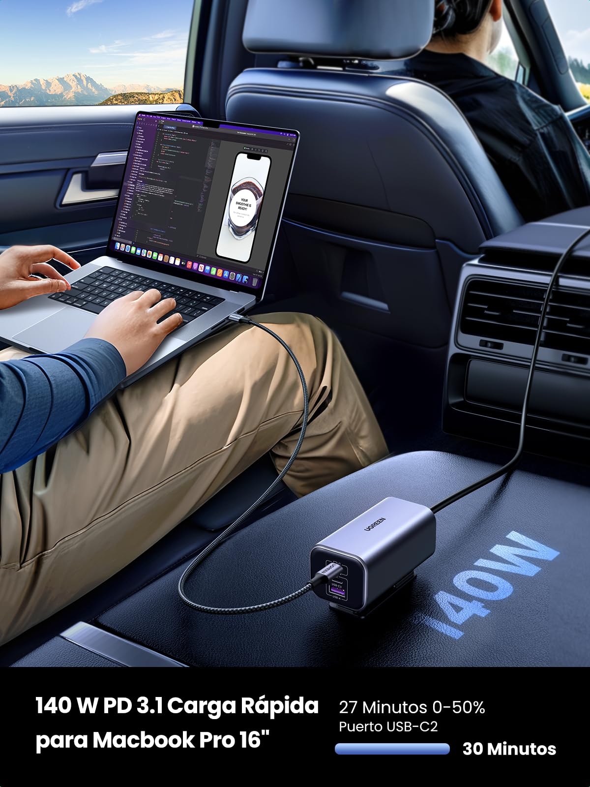 UGREEN GAN 150W Cargador de Coche USB C PD3.1 140W, Distribuidor de Encendedor 4 Puertos 3C1A, Adaptador de Auto Compatible con MacBook Pro/Air, iPhone 16/15/14 Pro MAX, iPad Pro, Galaxy S25 S24