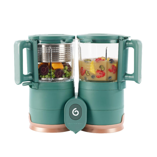 Babymoov Duo Meal de Vidrio 4 en 1: Procesador de Alimentos para Bebés con Vaporizador de Vidrio Incorporado, Cesta de Acero Inoxidable y Licuadora de Vidrio (Capacidad de Más de 6 Tazas), Verde