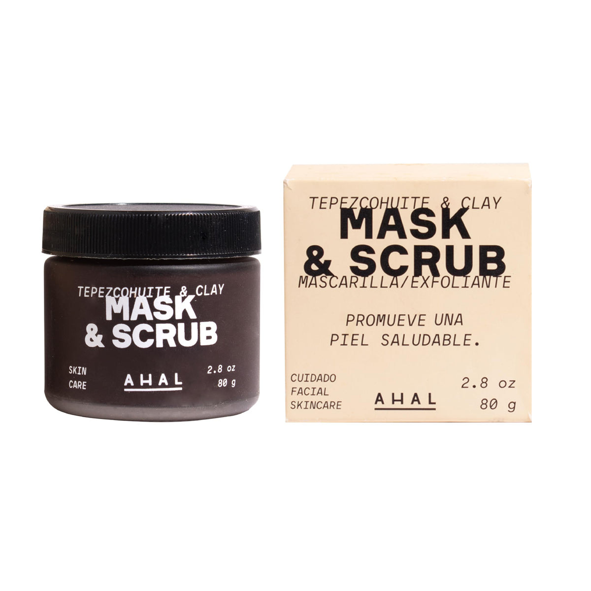 AHAL Mask & Scrub - Mascarilla Facial de Tepezcohuite y 5 Arcillas - Exfolia, Renueva y Humecta - Limpieza Profunda Regeneradora con Ingredientes Naturales, Ideal para Skin Care, 80g.