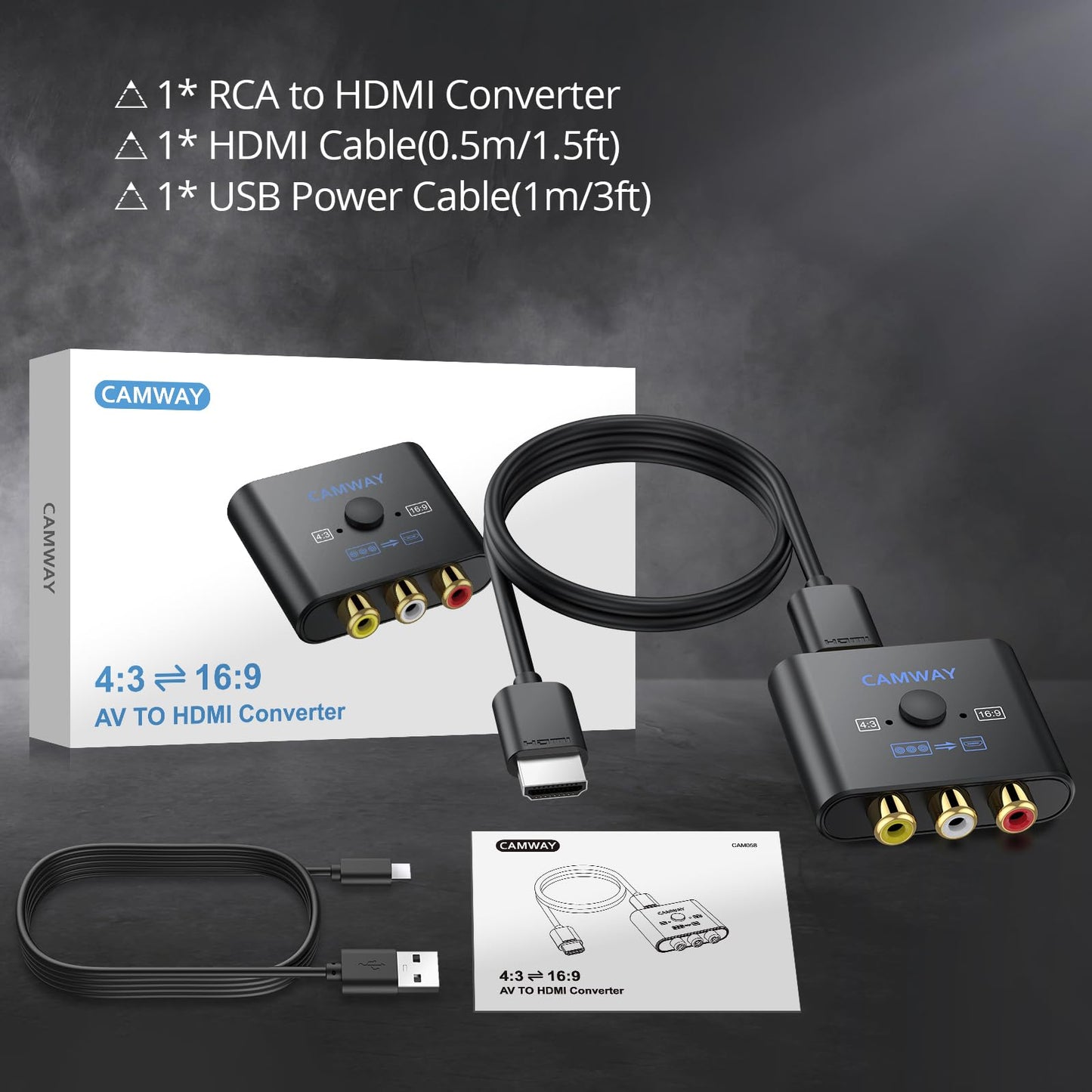 CAMWAY Adaptador RCA a HDMI, 16:9/4:3, conversión 1080P compuesto CVBS AV RCA convertidor de audio de vídeo con cable HDMI de 50 cm, adaptador AV compatible con PAL/NTSC para Wii/PS1/PS2/N64/Xbox/DVD