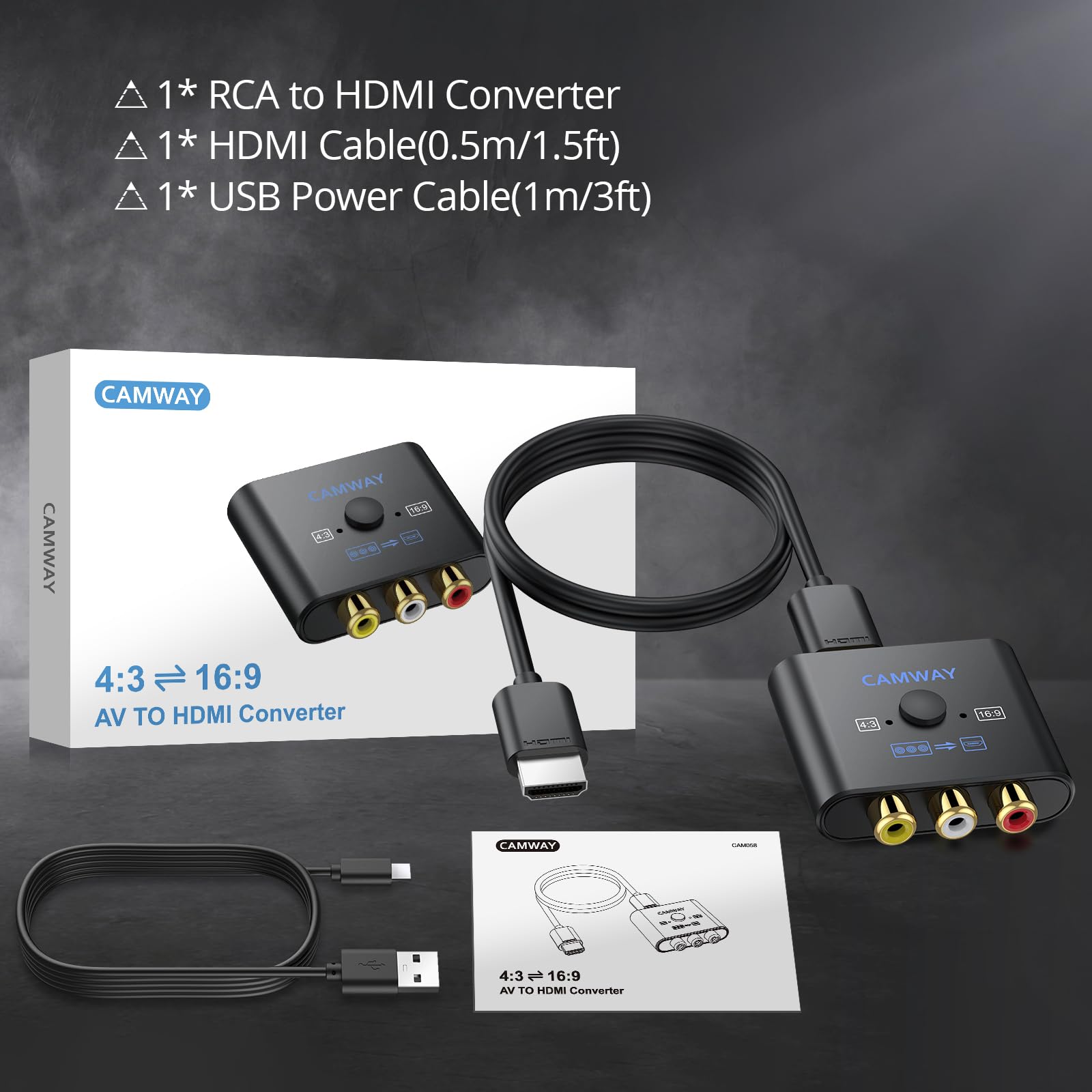 CAMWAY Adaptador RCA a HDMI, 16:9/4:3, conversión 1080P compuesto CVBS AV RCA convertidor de audio de vídeo con cable HDMI de 50 cm, adaptador AV compatible con PAL/NTSC para Wii/PS1/PS2/N64/Xbox/DVD