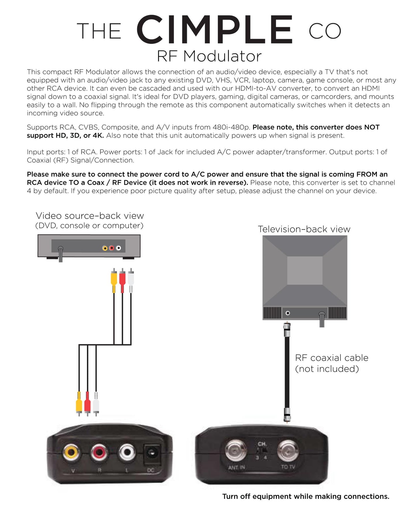 Convertidor HDMI DVI, Componente, RGB, RCA (AV Composite) (Digital y analógico) - Convierte señales HDMI HD para Xbox/PS4/PS3/PC/Laptop/TV/STB/VHS/VCR/Camera/DVD/reproductor Blu-ray, PAL/NTSC, Negro, VIDEO - RCA to COAX