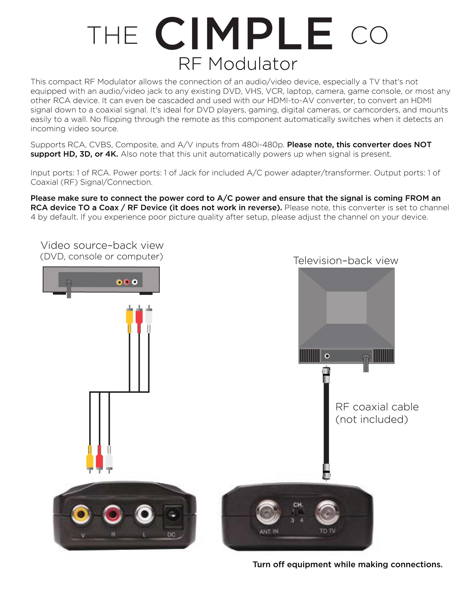 Convertidor HDMI DVI, Componente, RGB, RCA (AV Composite) (Digital y analógico) - Convierte señales HDMI HD para Xbox/PS4/PS3/PC/Laptop/TV/STB/VHS/VCR/Camera/DVD/reproductor Blu-ray, PAL/NTSC, Negro, VIDEO - RCA to COAX