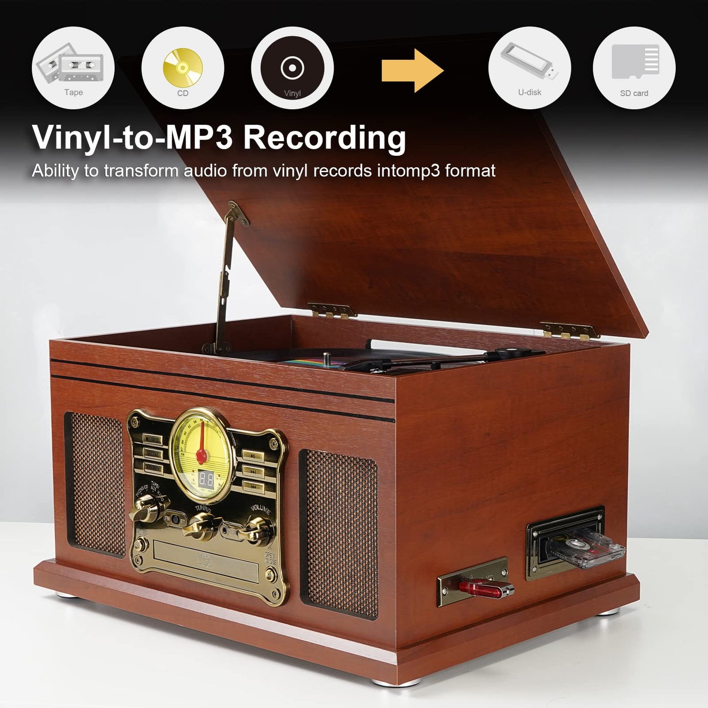 Kedok Tocadiscos Bluetooth de Vinilo con Altavoces estéreo, Convertidor de Vinilo LP a MP3 con CD, Reproductor de Casete,Radio FM,Entrada Auxiliar y Tomas de Auriculares