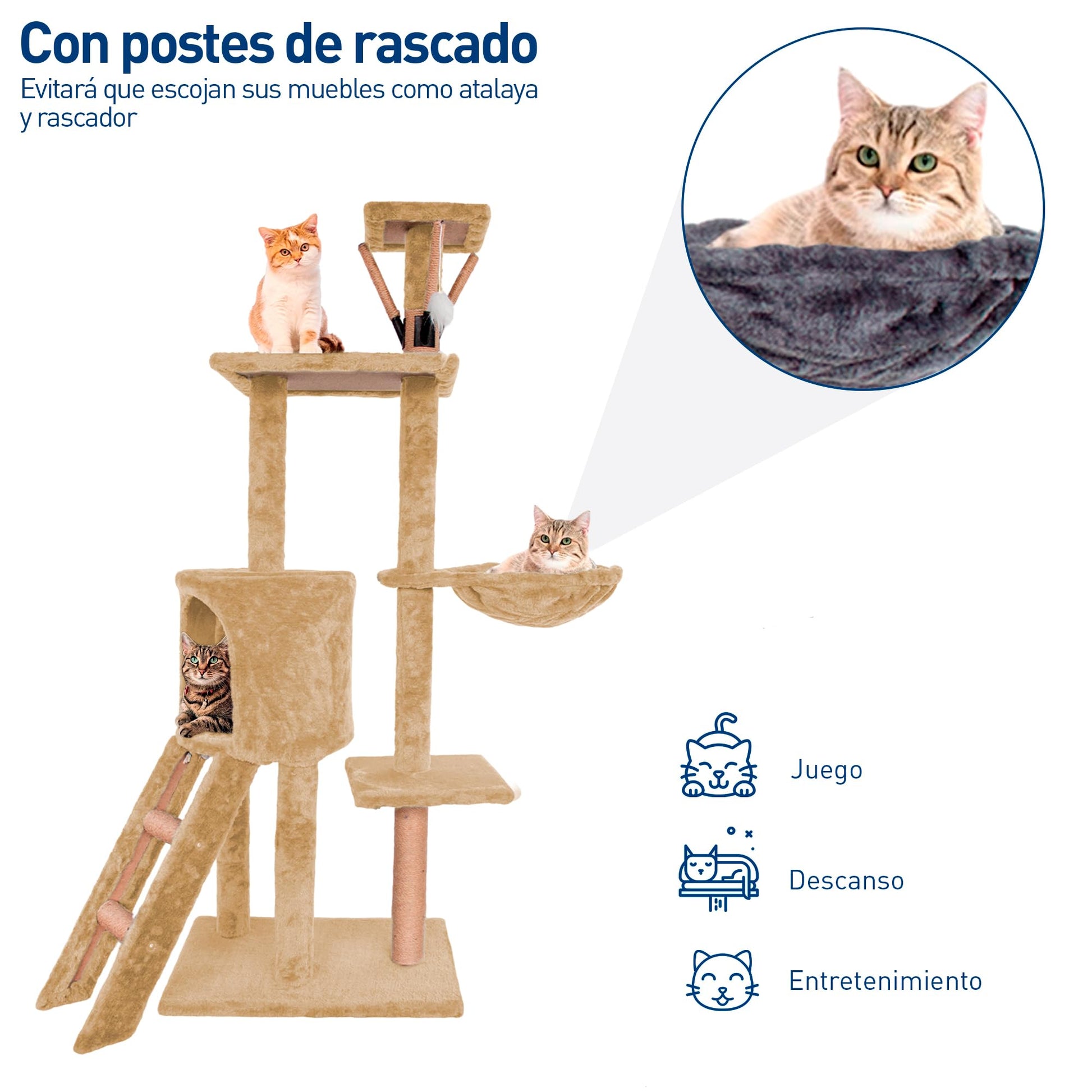 Bluelander Torre para Gatos de 1.3 M de Altura, Arbol para Gatos de Múltiples Niveles, Rascador para Gatos, Escaleras, Repisas, Cueva y Hamaca, Superficies Sólidas y Afelpadas, Cuerda de Yute (Café)