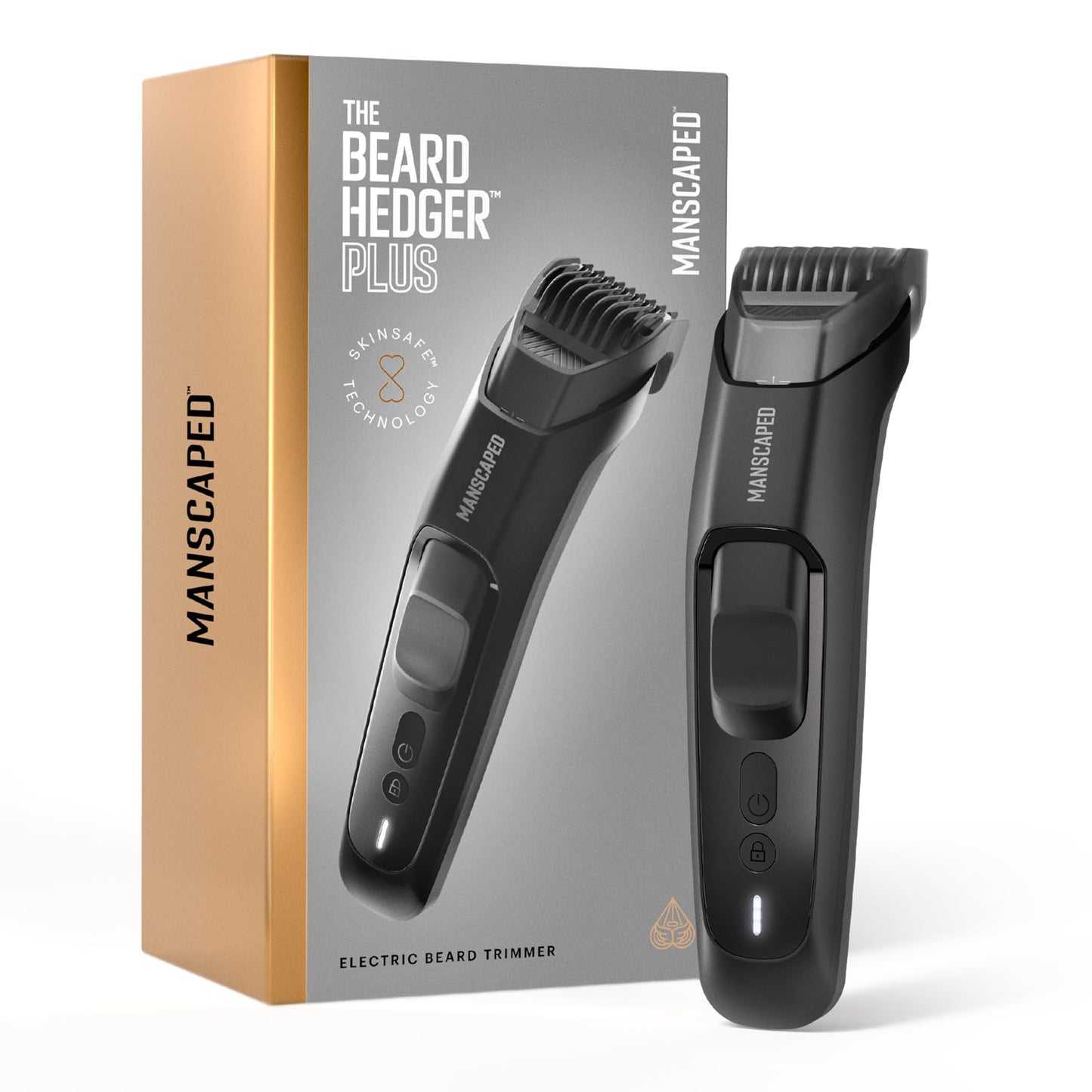 MANSCAPED® The Beard Hedger® PLUS: Recortadora ajustable de barba y bigote para hombre con 14 ajustes de longitud (1–20 mm), cuchilla de acero inoxidable, resistente al agua, bloqueo de viaje y recargable por USB-C.