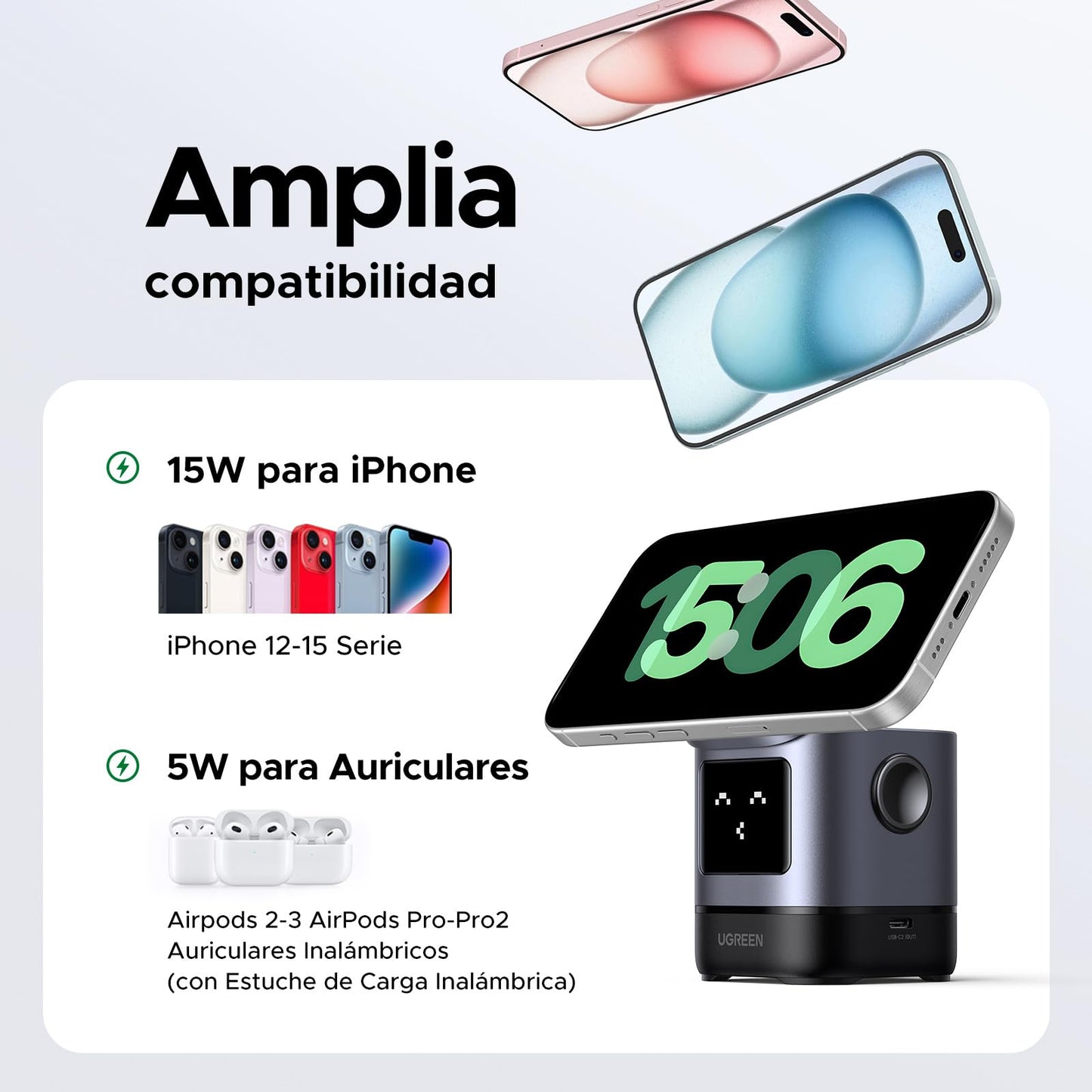 Cargador Inalámbrico UGREEN UNO 15W Qi2 Ajustable Magnético para iPhone y AirPods