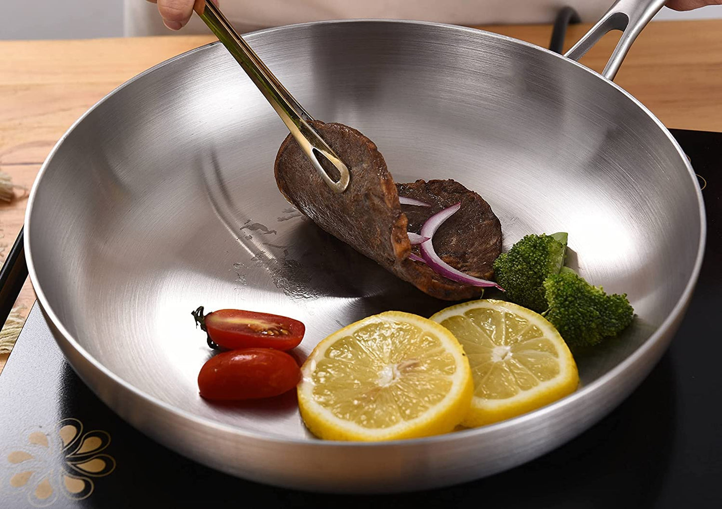 LOLYKITCH - Juego de sartenes de acero inoxidable de tres capas de 10 a 12 pulgadas, sartenes, sartén de chef, sartenes de cocina de inducción, aptas para lavaplatos y horno, mango desmontable.