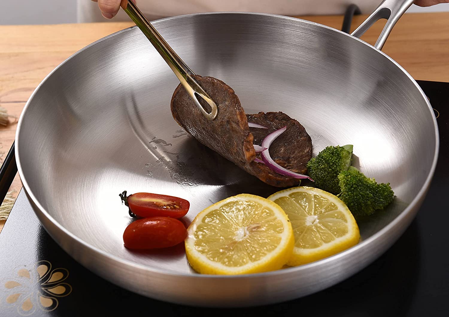 LOLYKITCH - Juego de sartenes de acero inoxidable de tres capas de 10 a 12 pulgadas, sartenes, sartén de chef, sartenes de cocina de inducción, aptas para lavaplatos y horno, mango desmontable.