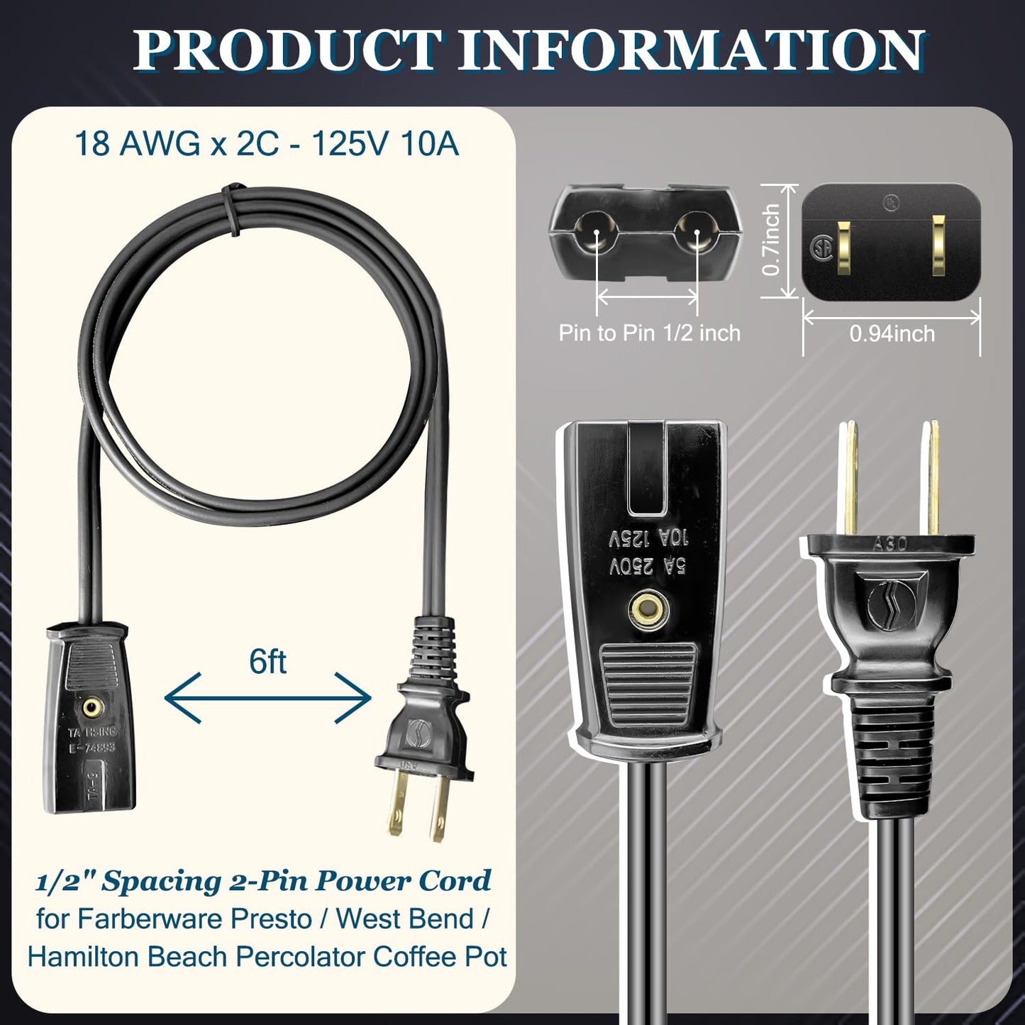 HASMX Cable de alimentación de 6 pies de largo 1/2 pulgada para cafetera Farberware y Presto Super Speed Percolator de 1/2 pulgadas, también para muchos electrodomésticos pequeños con espacio de 1/2