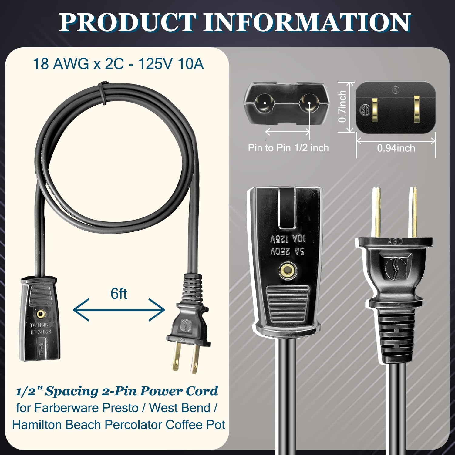 HASMX Cable de alimentación de 6 pies de largo 1/2 pulgada para cafetera Farberware y Presto Super Speed Percolator de 1/2 pulgadas, también para muchos electrodomésticos pequeños con espacio de 1/2